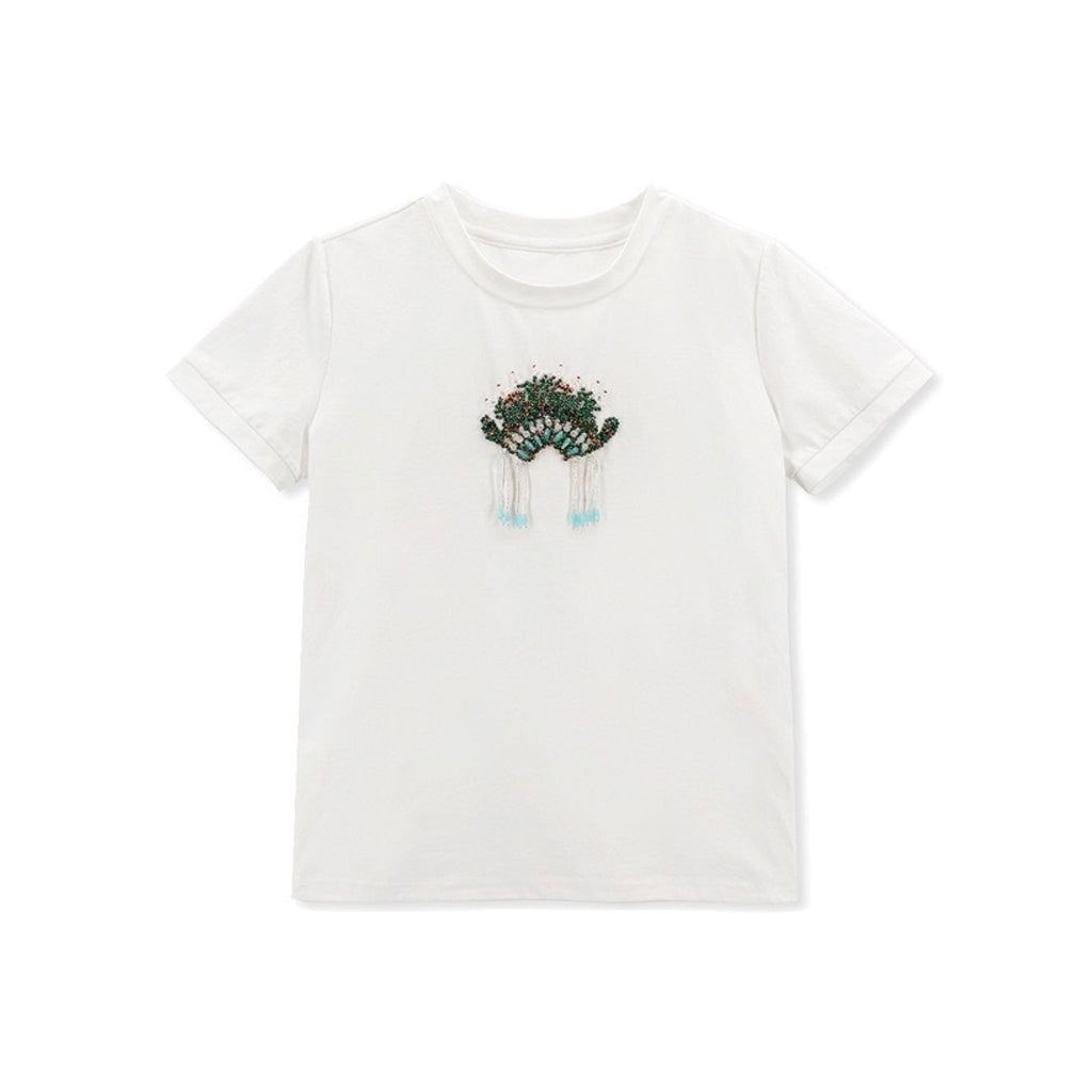 Opera Embroidered Cotton T-Shirt Women Artistic Graphic Tee