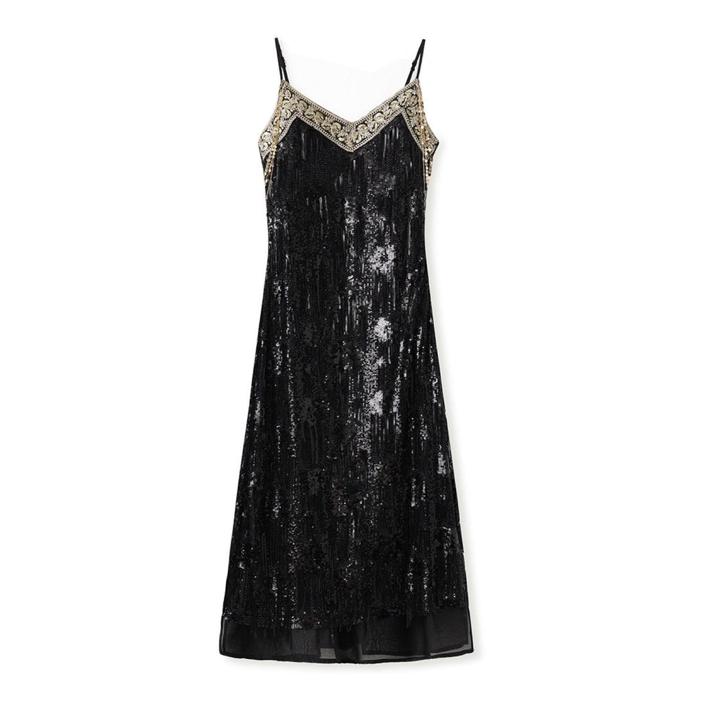 Embroidered Black Spaghetti Strap Dress Women Design