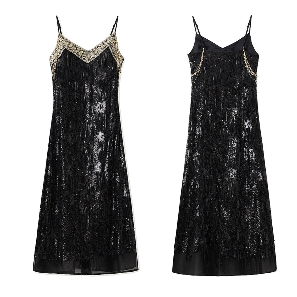 Embroidered Black Spaghetti Strap Dress Women Design