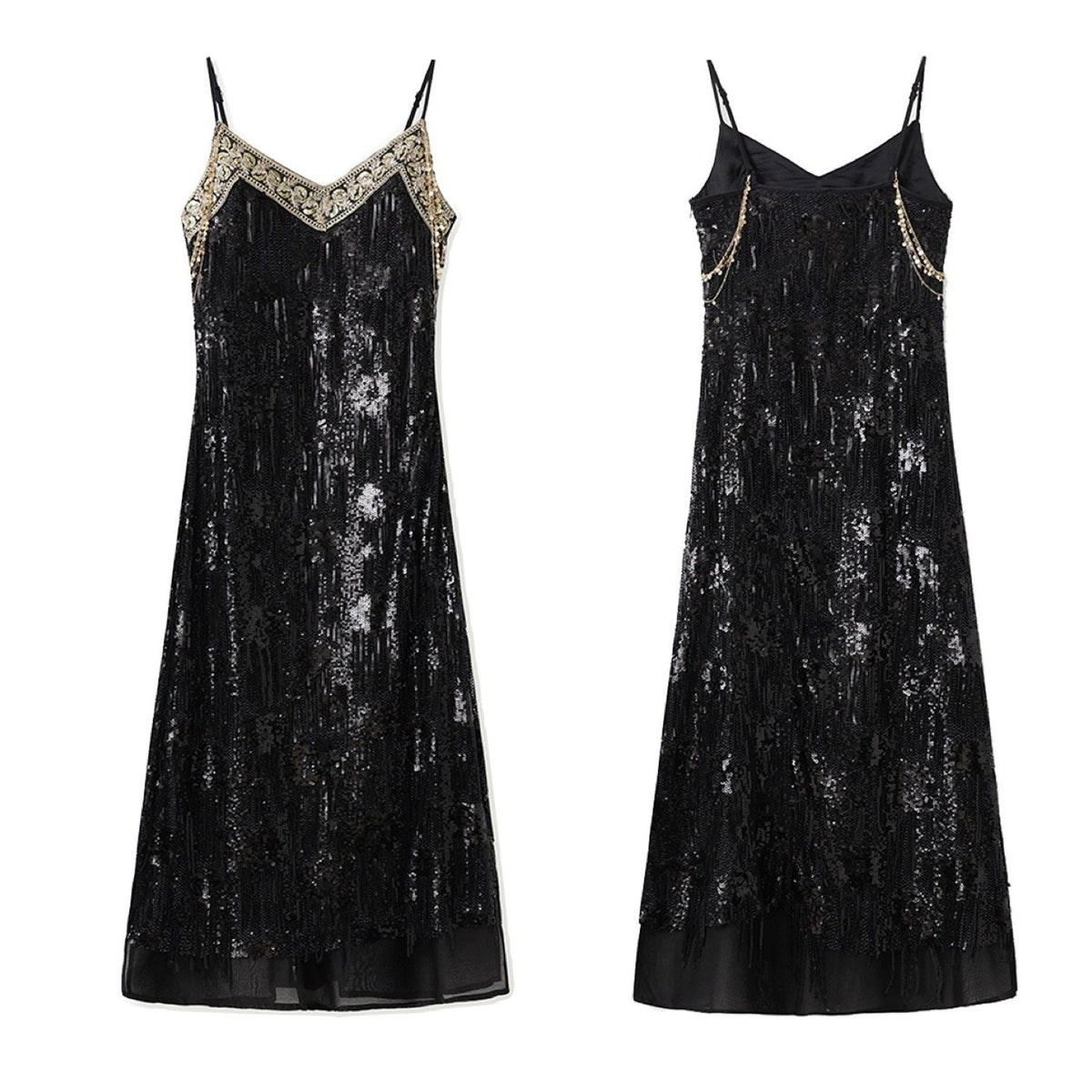 Embroidered Black Spaghetti Strap Dress Women Design