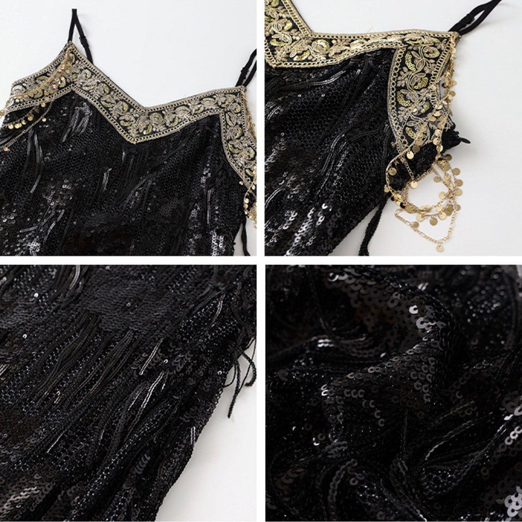 Embroidered Black Spaghetti Strap Dress Women Design