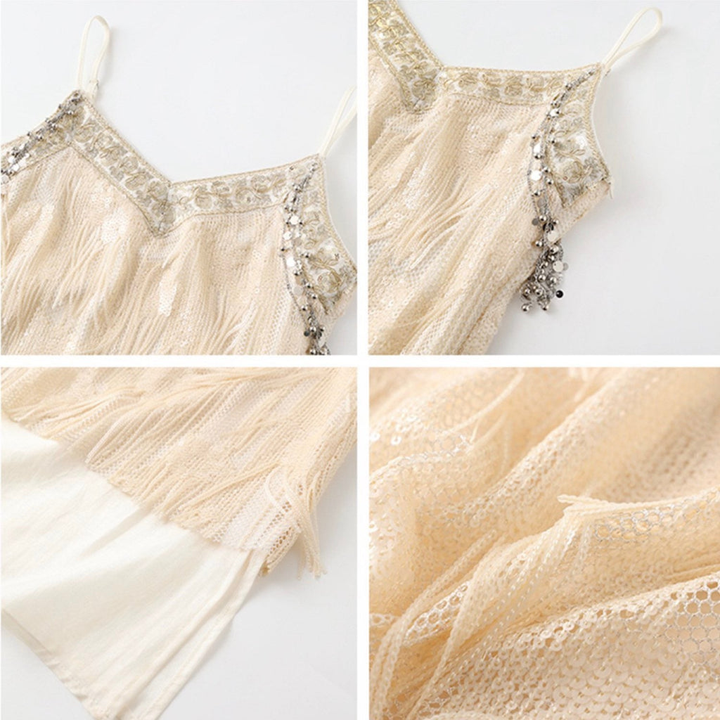Embroidered Beige Spaghetti Strap Dress Women Design
