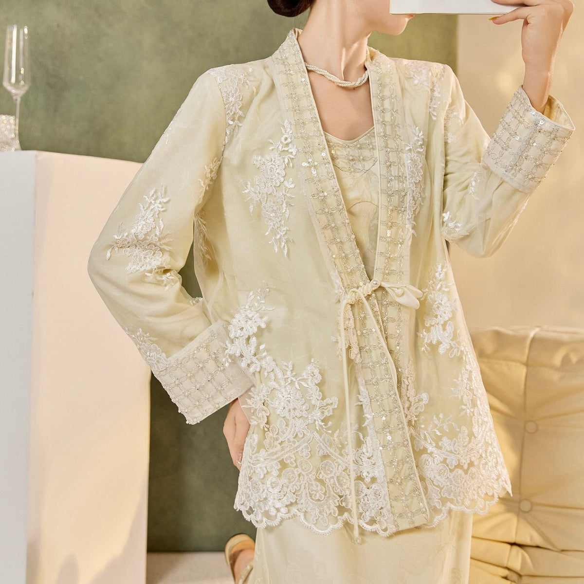 Embroidered Flower Cardigan Chinese-Inspired Style Beige White Women Top