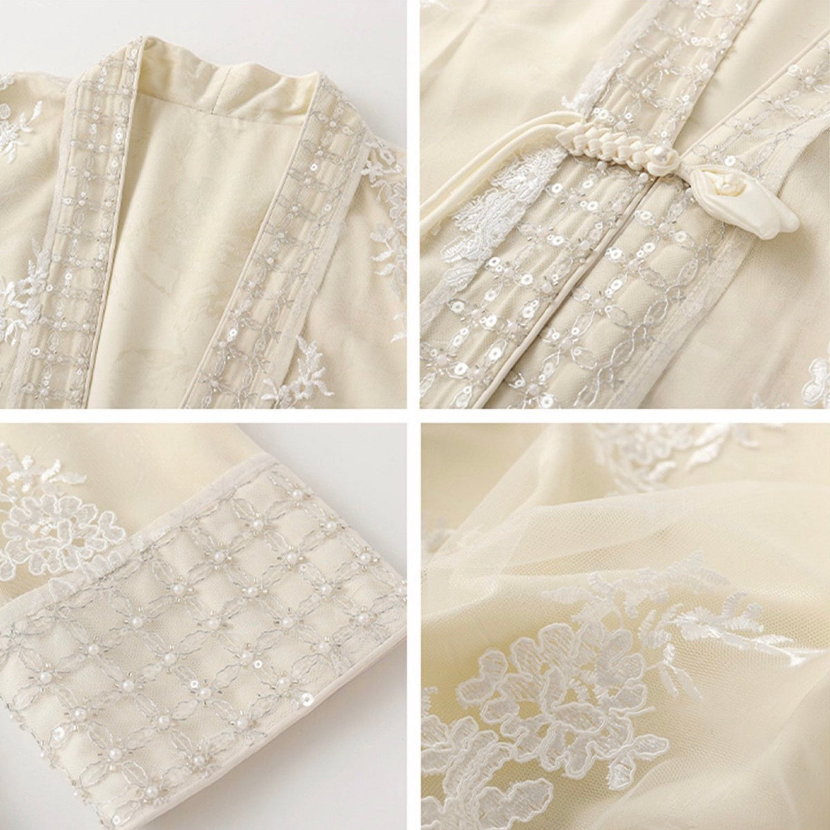 Embroidered Flower Cardigan Chinese-Inspired Style Beige White Women Top