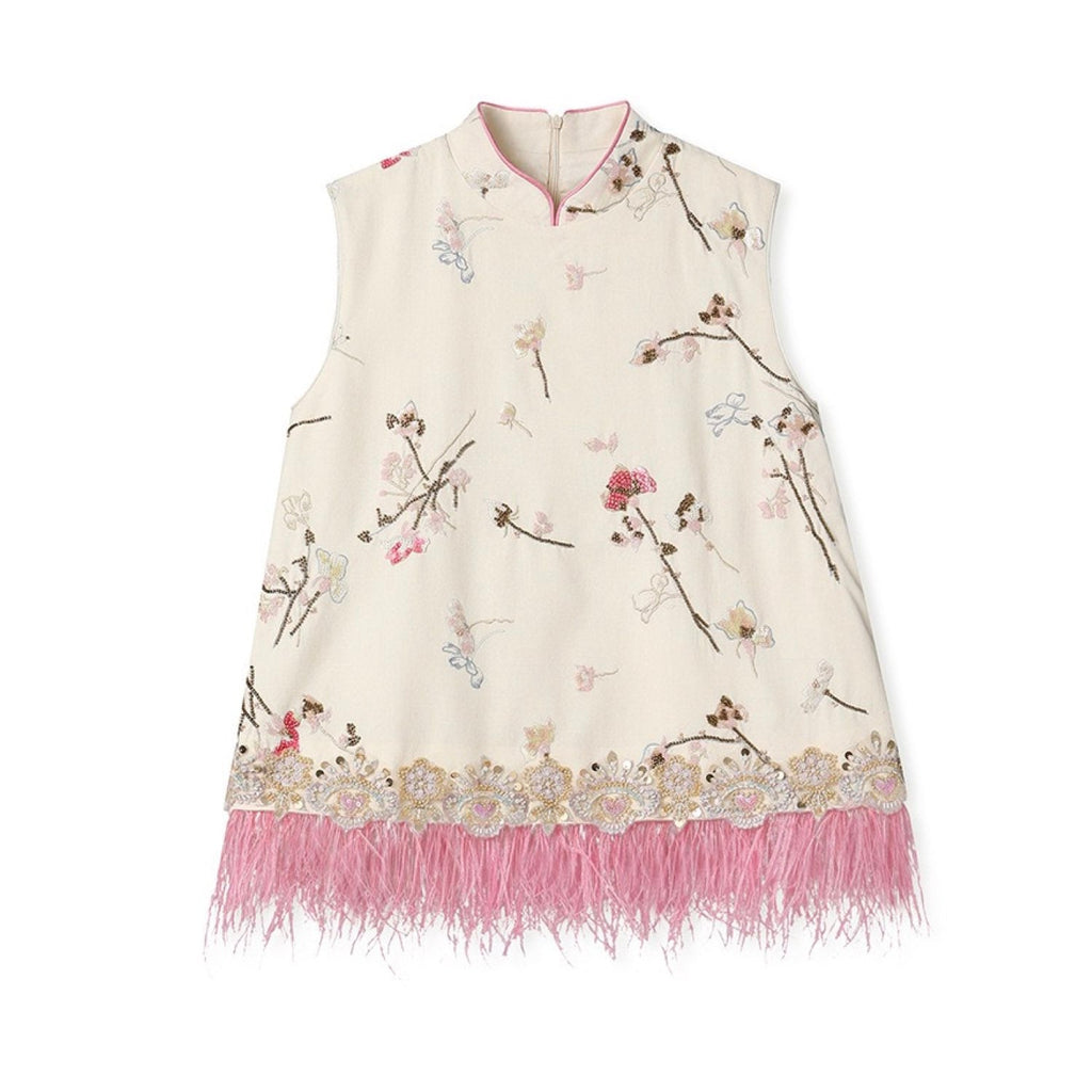 Embroidered Floral Tree Top Vest Women Feather Blouse