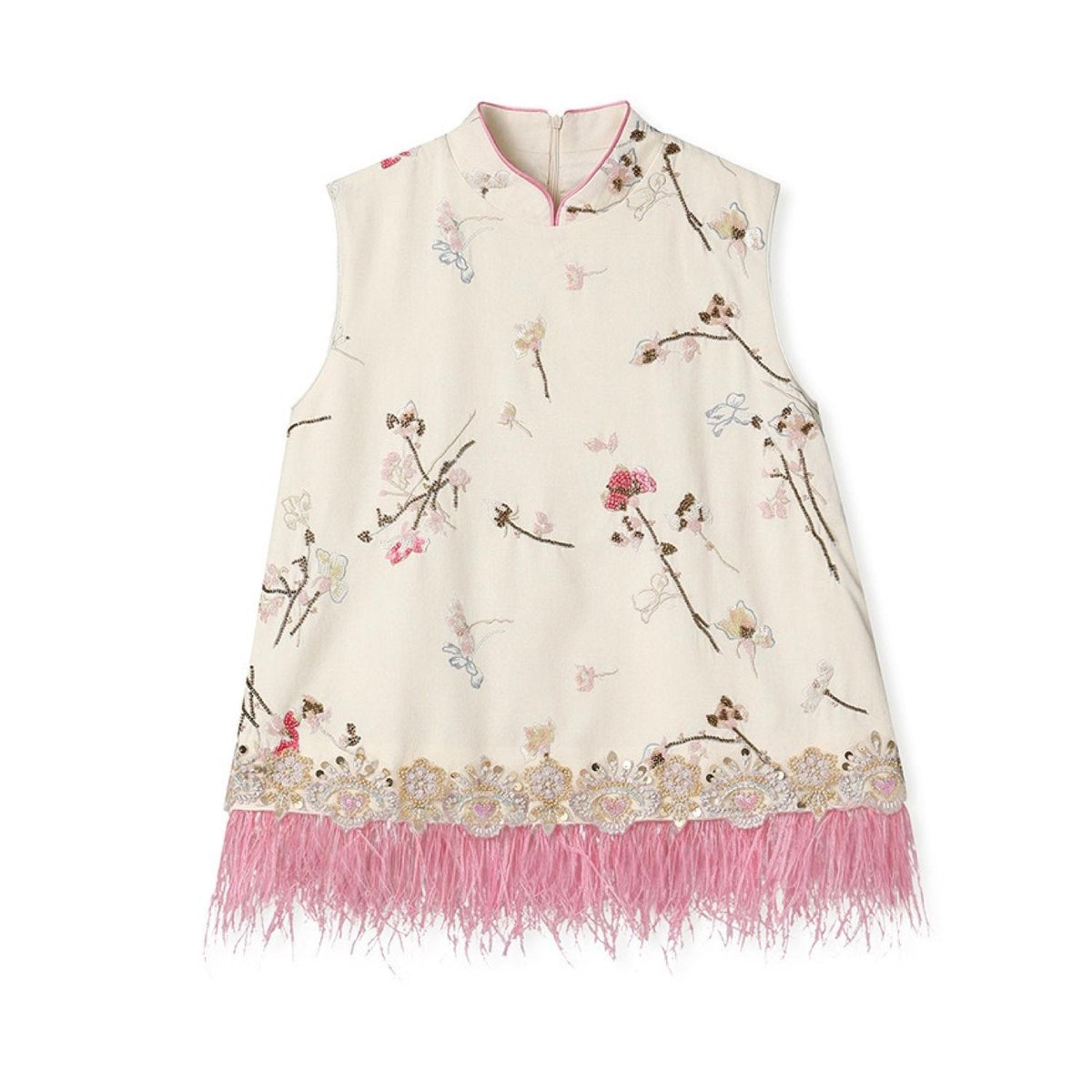Embroidered Floral Tree Top Vest Women Feather Blouse