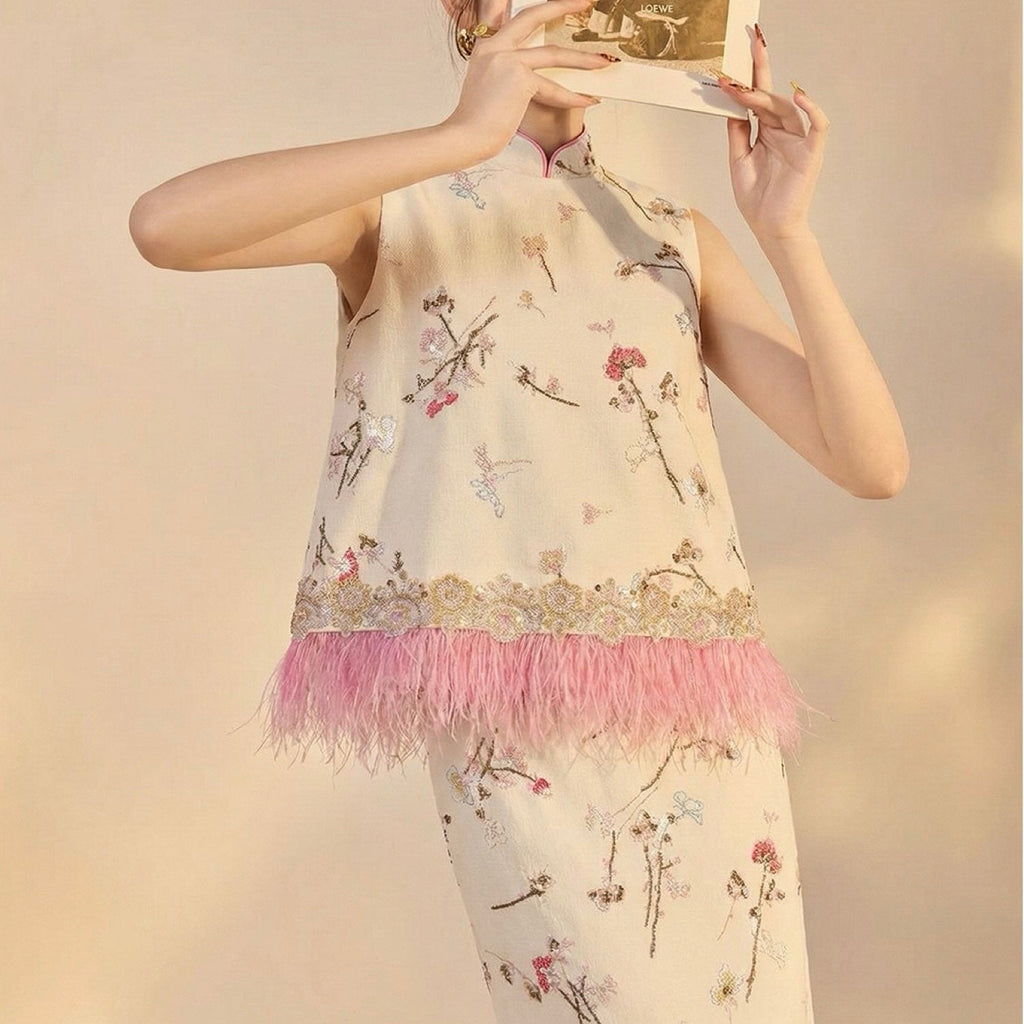 Embroidered Floral Tree Top Vest Women Feather Blouse