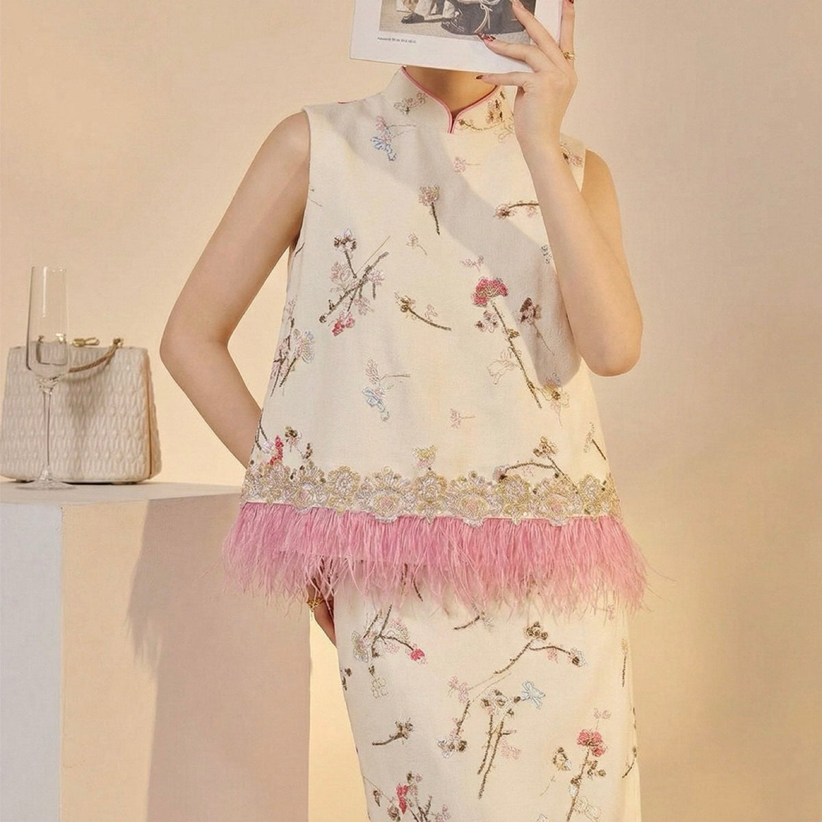 Embroidered Floral Tree Top Vest Women Feather Blouse