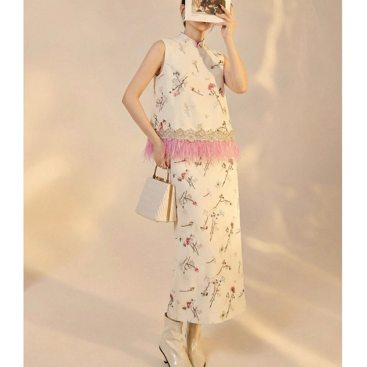 Embroidered Floral Tree Top Vest Women Feather Blouse
