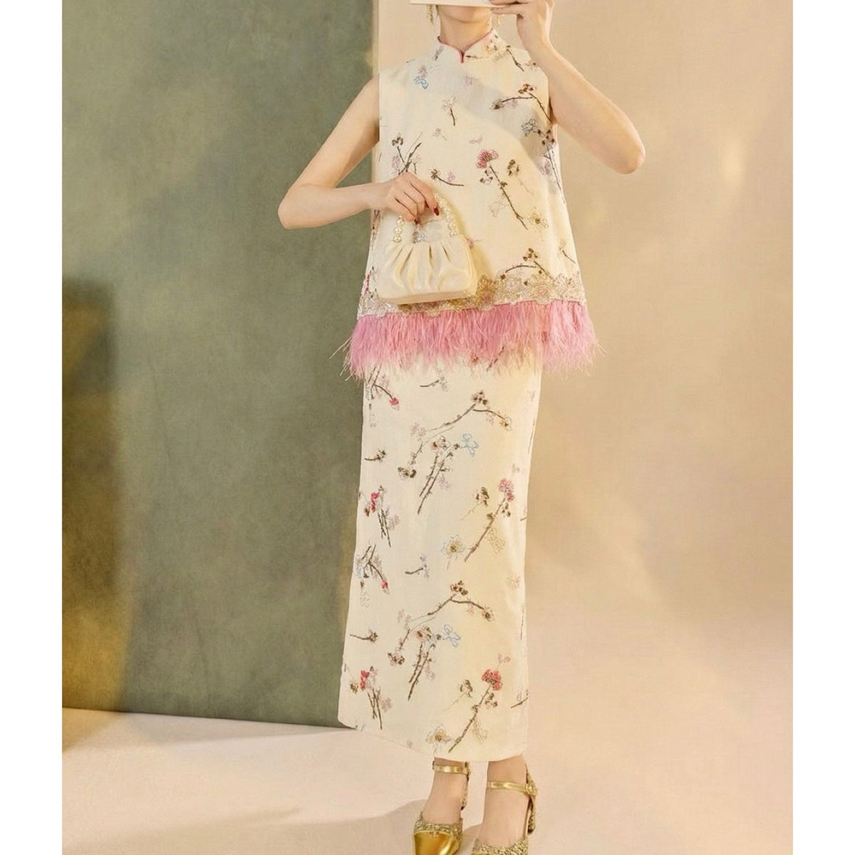 Embroidered Floral Tree Skirt Set Women Detail Blouse for Wedding Guest