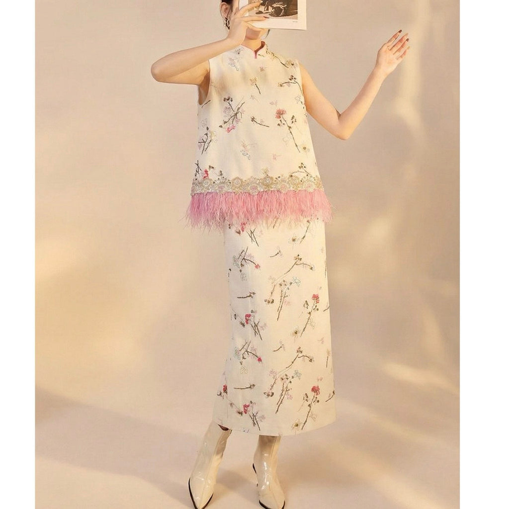 Embroidered Floral Tree Skirt Set Women Detail Blouse for Wedding Guest
