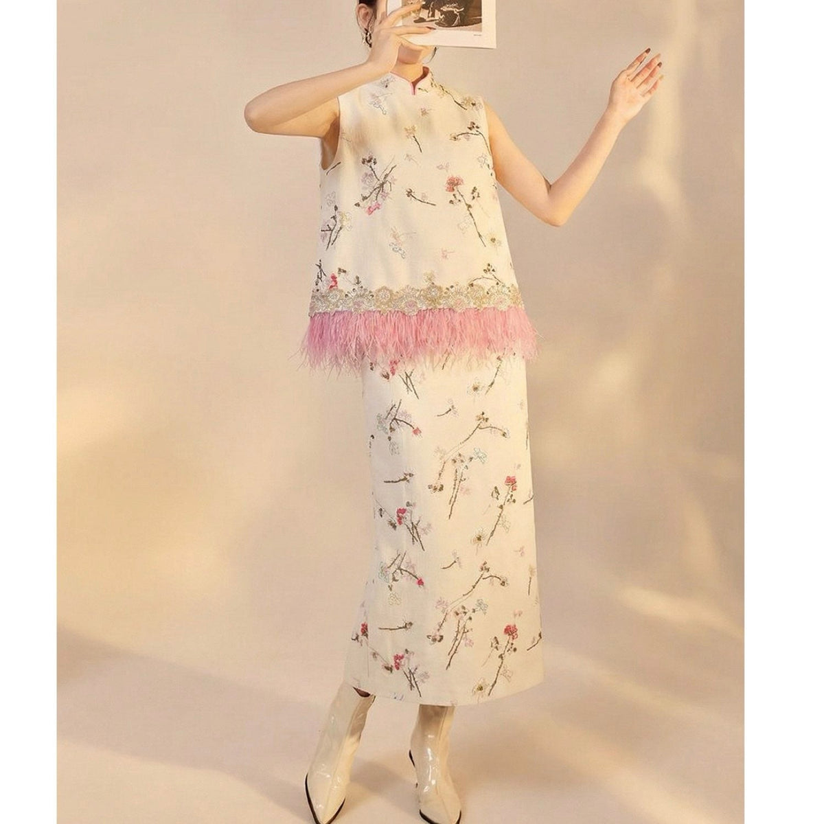 Embroidered Floral Bird Tank Top and Skirt Set Women Blouse Co Set