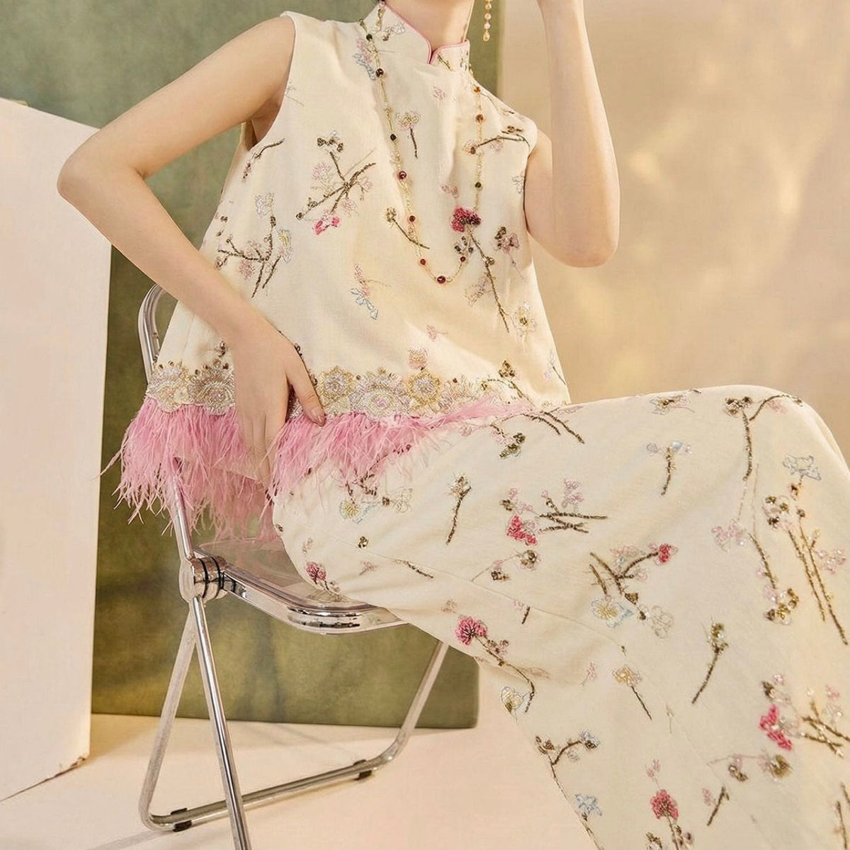 Embroidered Floral Tree Skirt Set Women Detail Blouse for Wedding Guest