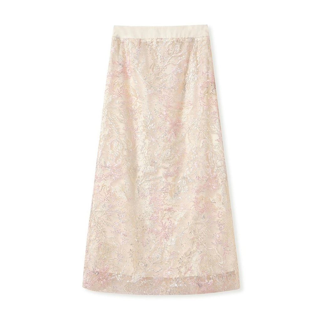 Poetic Embroidery Textured Floral Embroidered Skirt in Pink and White