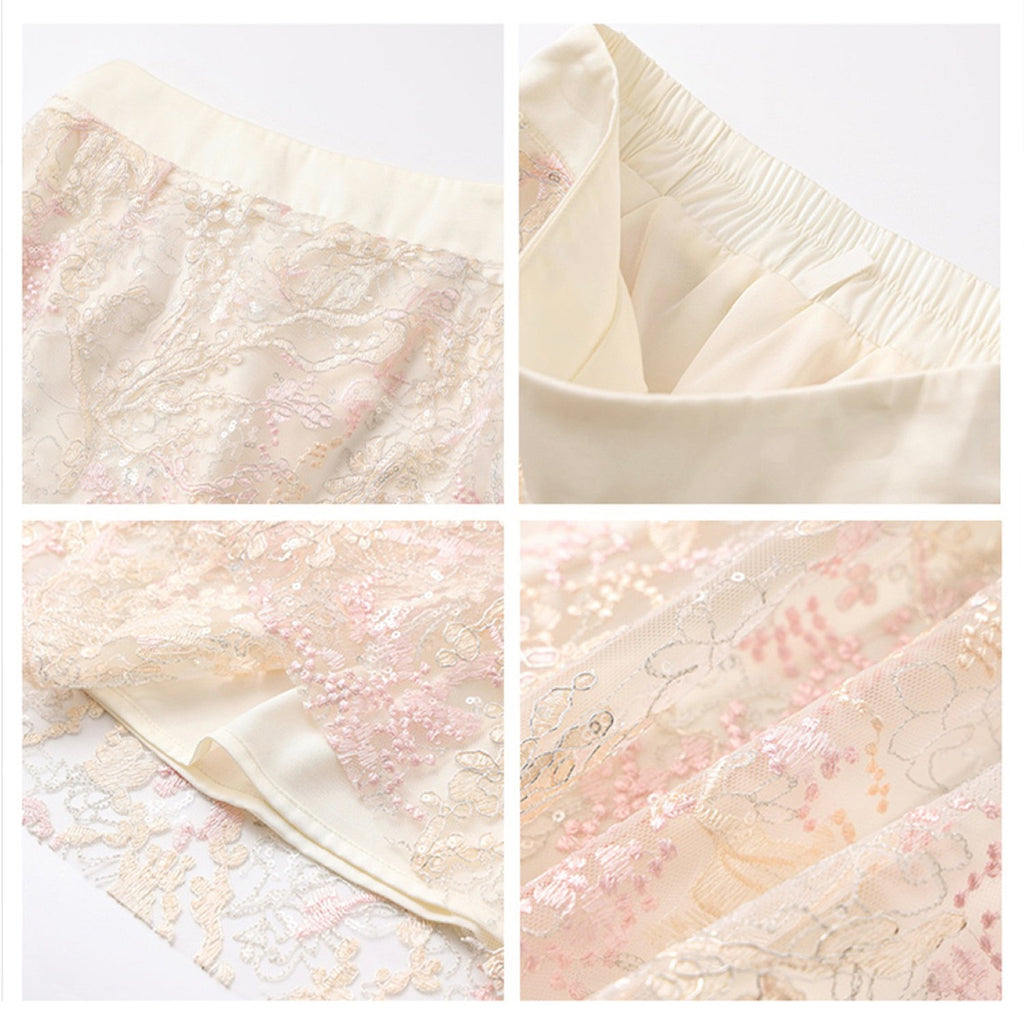 Poetic Embroidery Textured Floral Embroidered Skirt in Pink and White