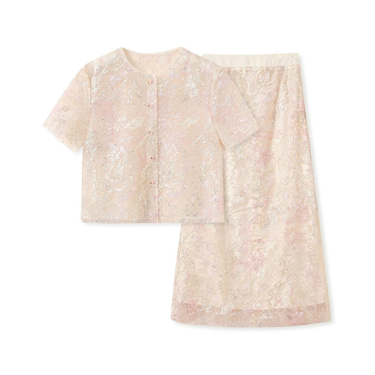 Poetic Embroidery Textured Floral Lace Co ord Set in Pink