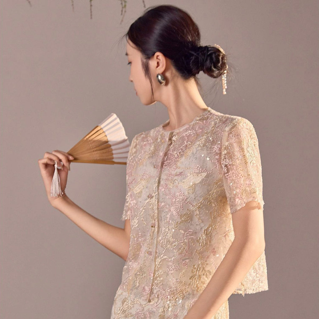 Poetic Embroidery Textured Floral Lace Co ord Set in Pink