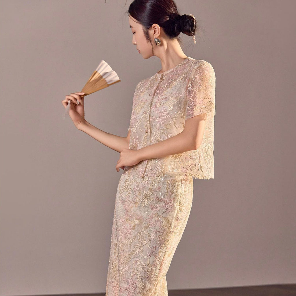 Poetic Embroidery Textured Floral Lace Co ord Set in Pink
