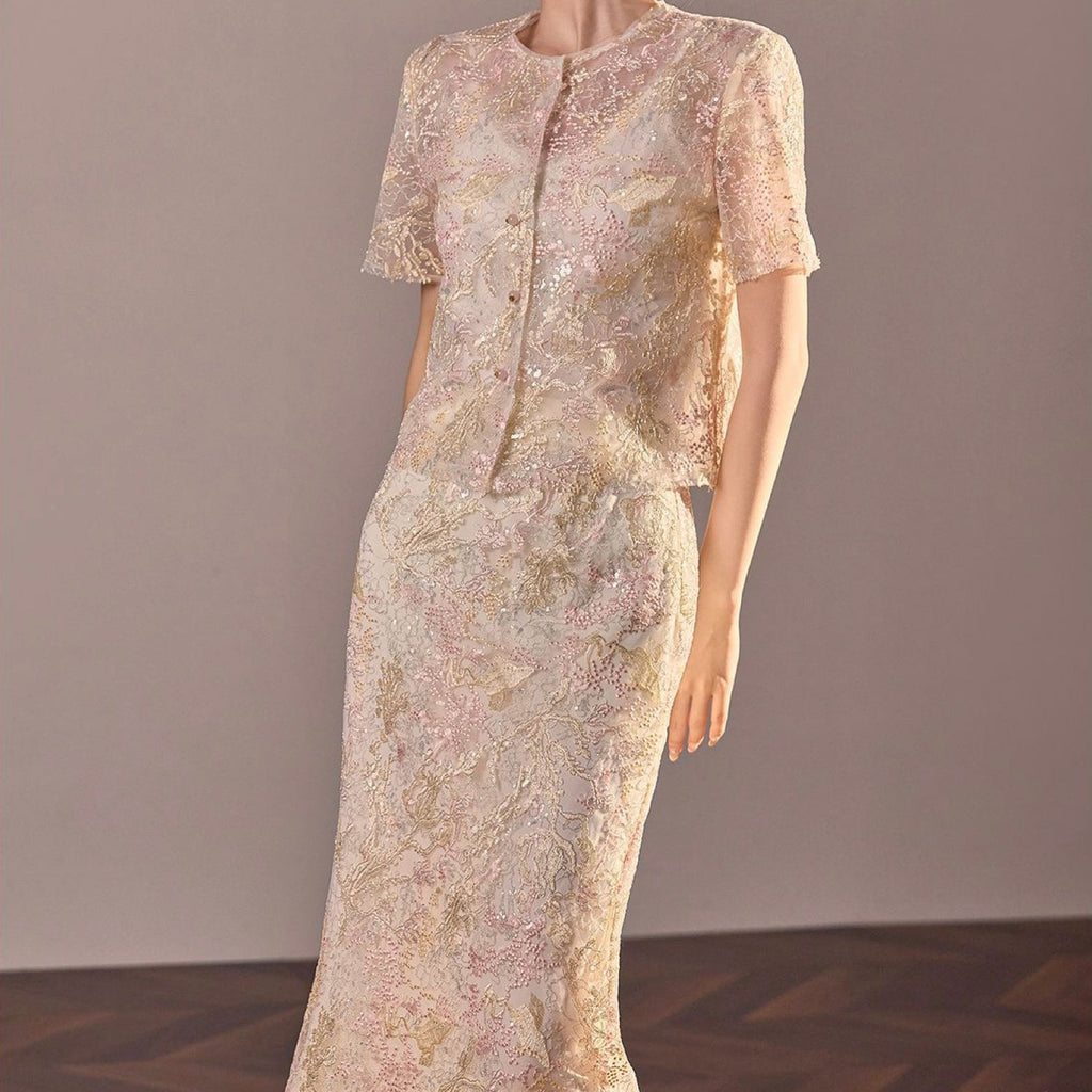Poetic Embroidery Textured Floral Lace Co ord Set in Pink