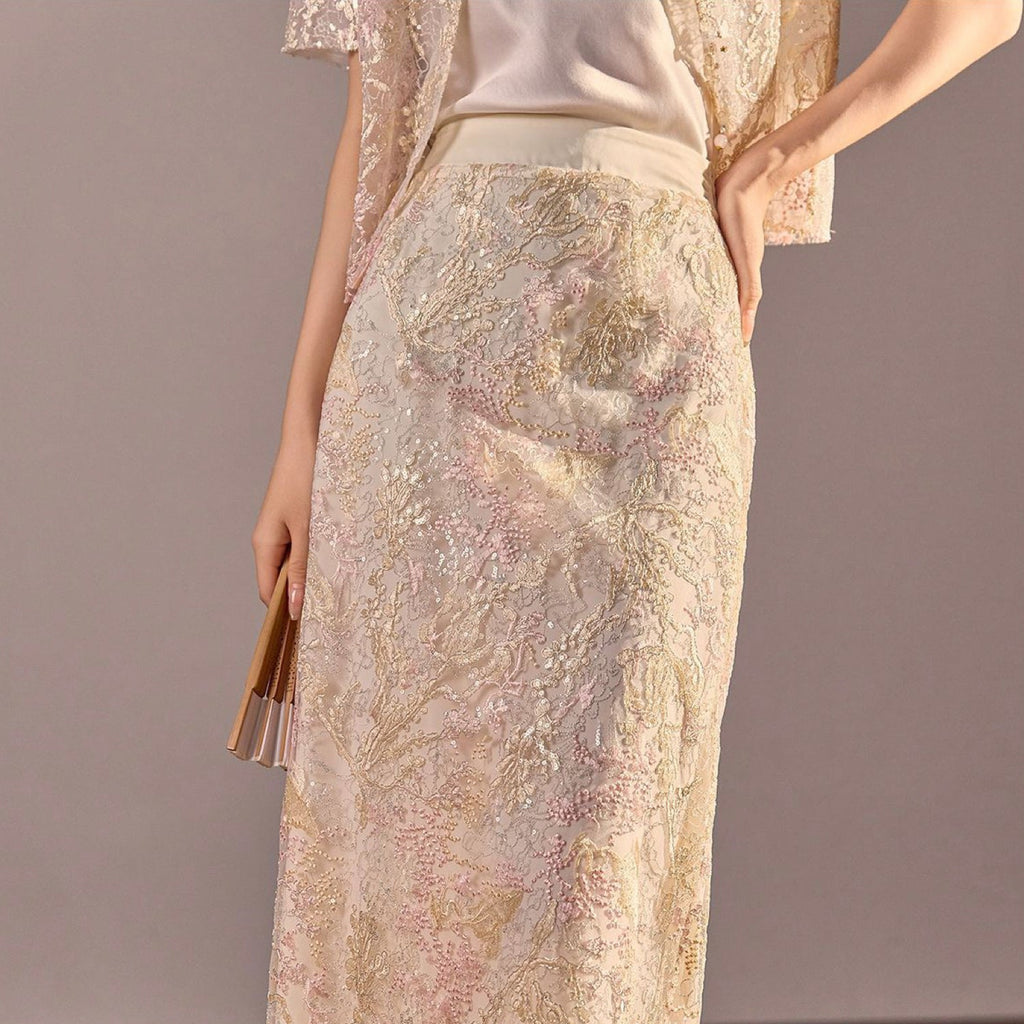Poetic Embroidery Textured Floral Lace Co ord Set in Pink
