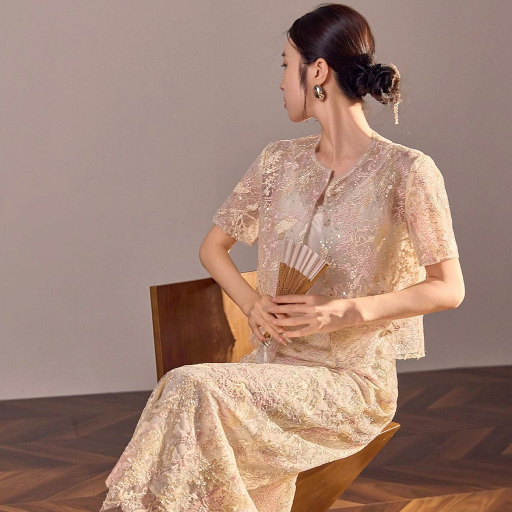 Poetic Embroidery Textured Floral Lace Co ord Set in Pink