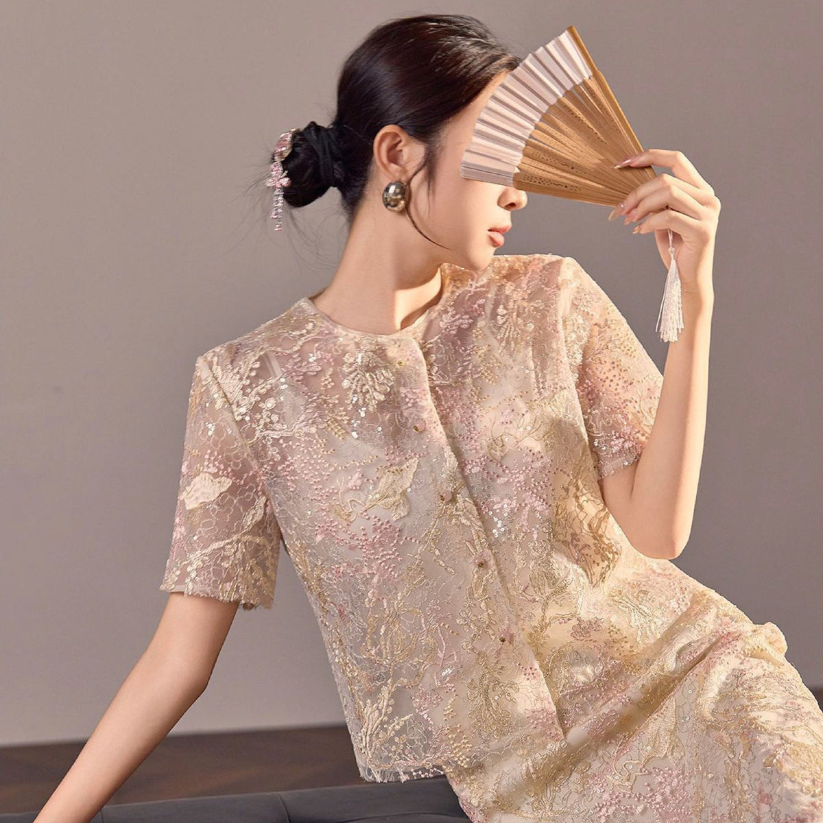 Poetic Embroidery Textured Floral Lace Co ord Set in Pink