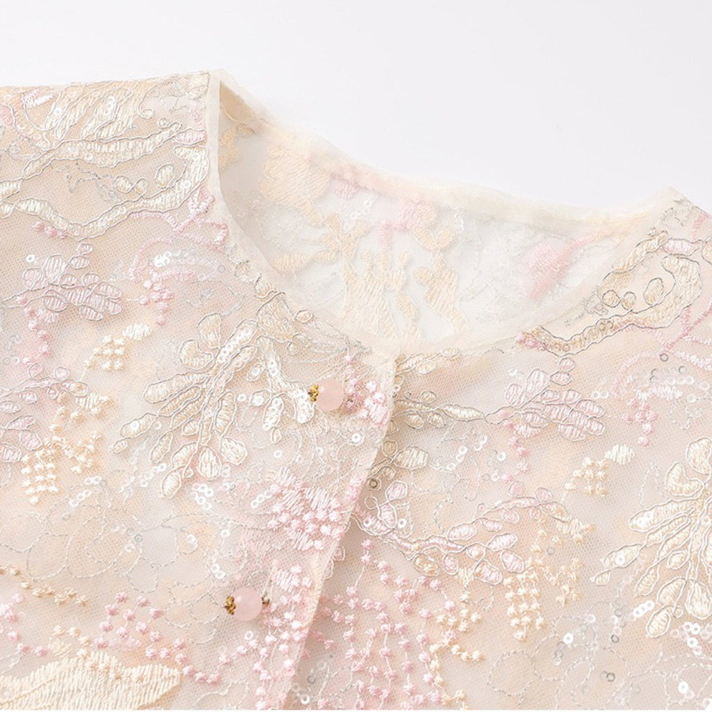 Poetic Embroidery Dense Floral Button Up Blouse in Pink and White