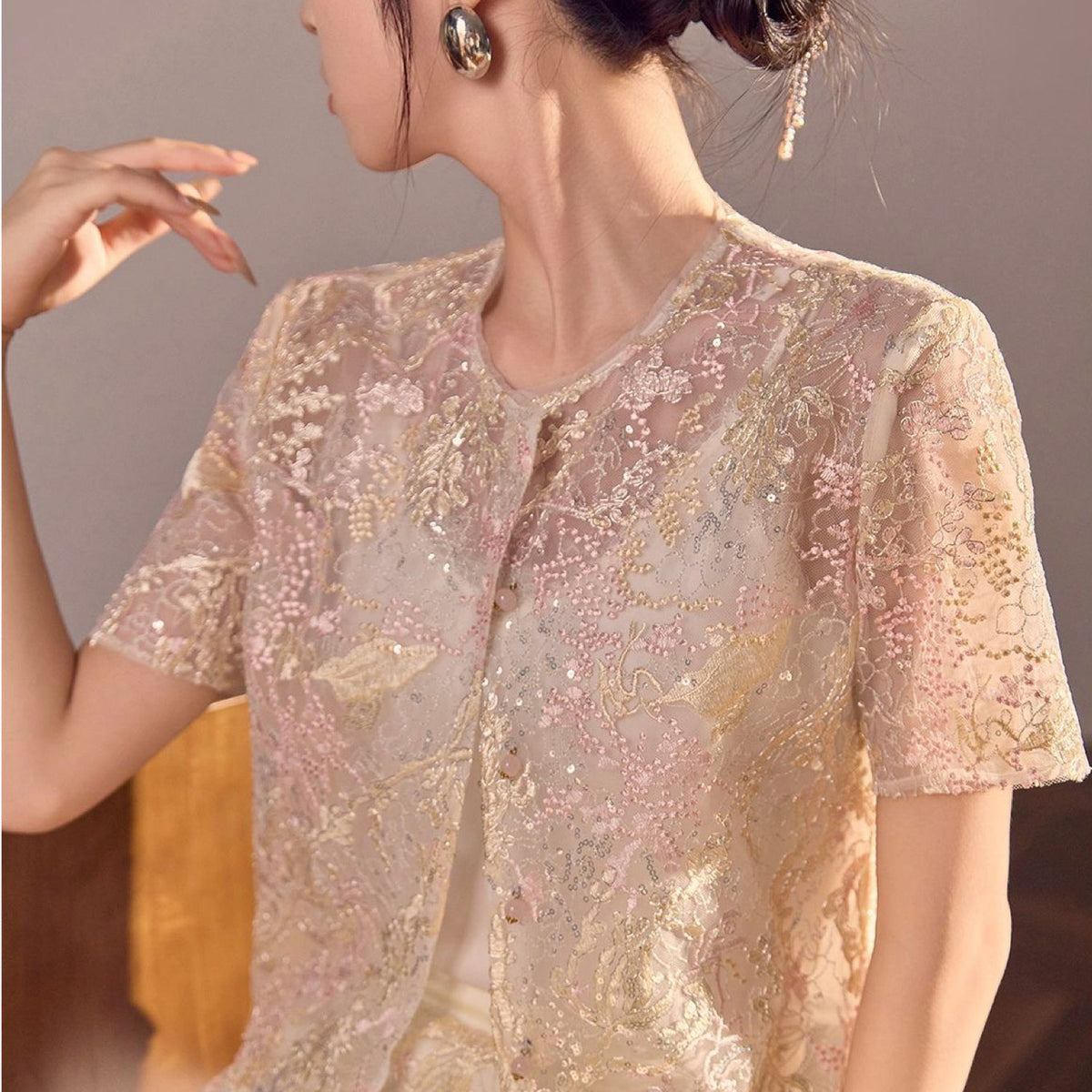 Poetic Embroidery Dense Floral Button Up Blouse in Pink and White