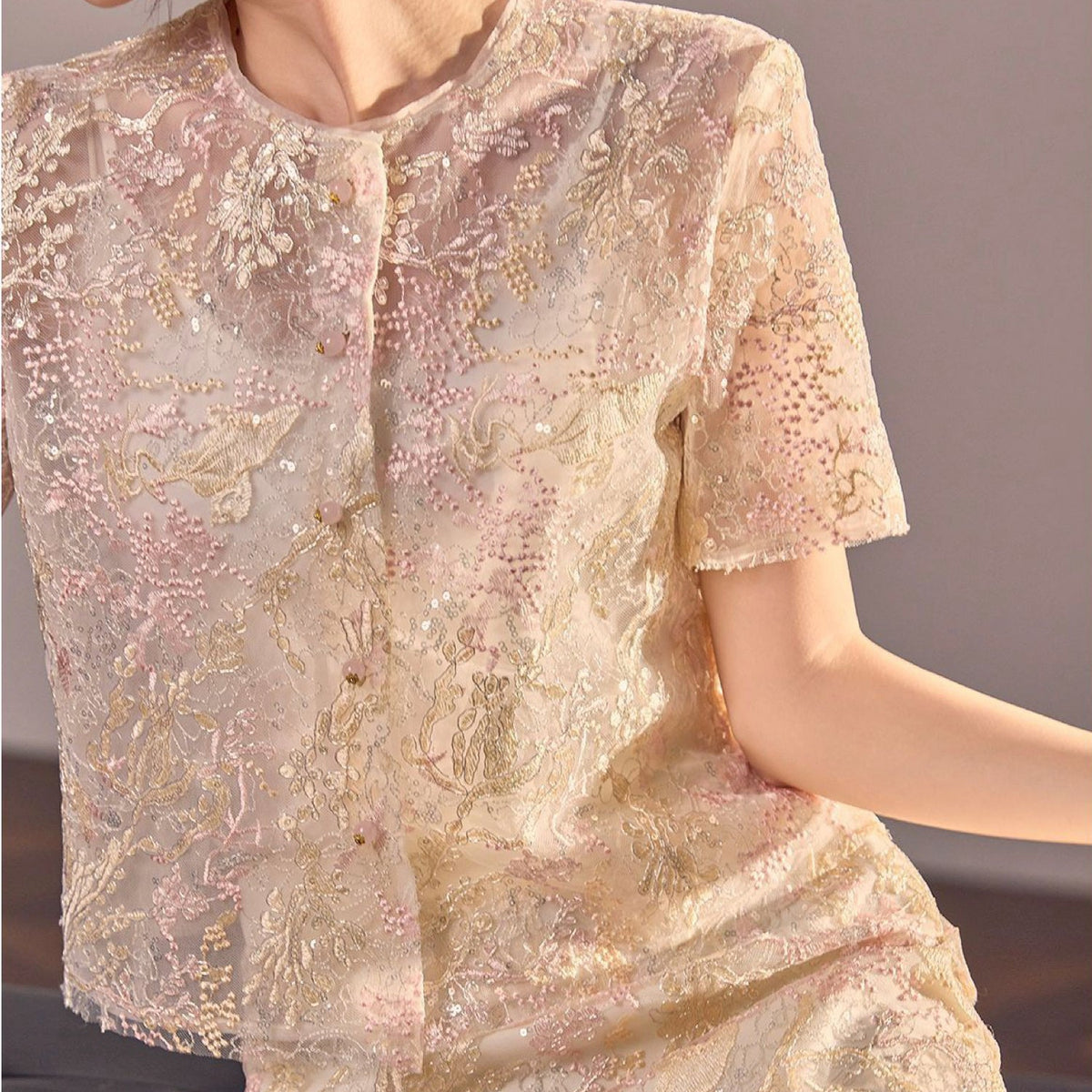 Poetic Embroidery Dense Floral Button Up Blouse in Pink and White
