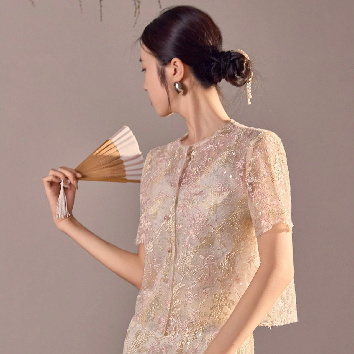 Poetic Embroidery Dense Floral Button Up Blouse in Pink and White