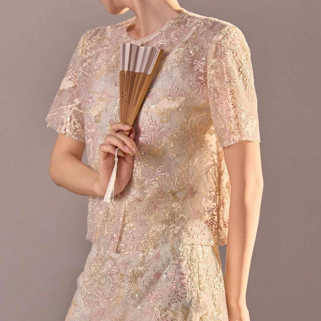 Poetic Embroidery Dense Floral Button Up Blouse in Pink and White
