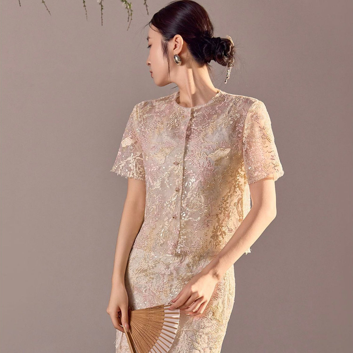 Poetic Embroidery Dense Floral Button Up Blouse in Pink and White