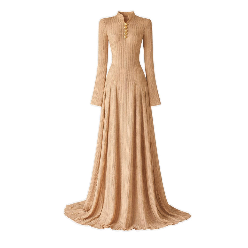 Beige long-sleeve dress with a high neckline on a white background by WJY