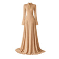 Beige long-sleeve dress with a high neckline on a white background by WJY