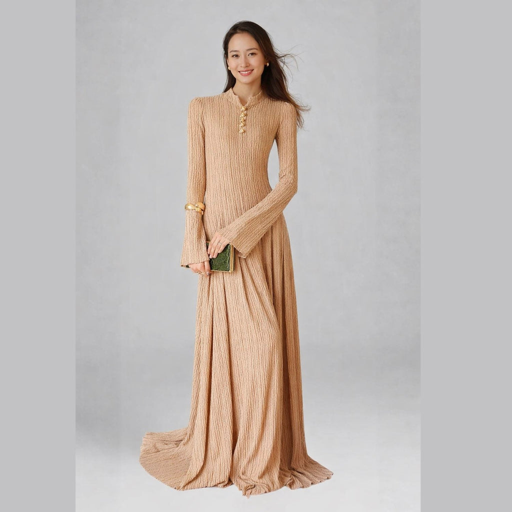 Woman wearing WJY beige evening dress