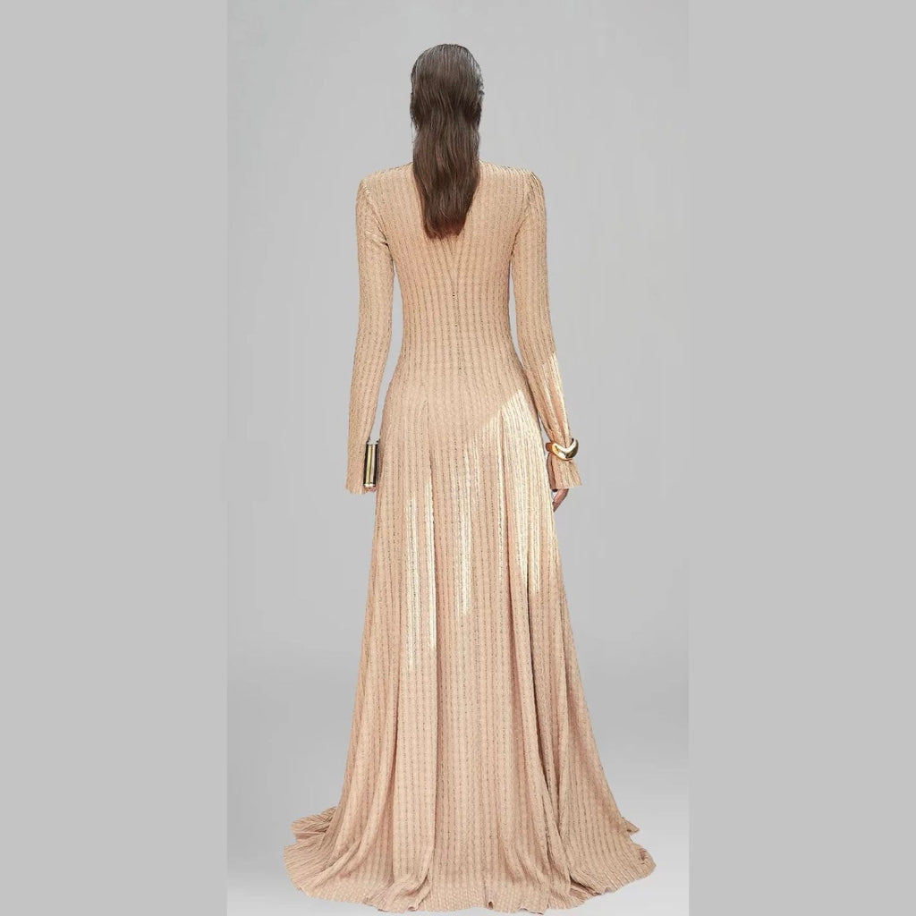 Woman wearing WJY long beige dress with long sleeves 