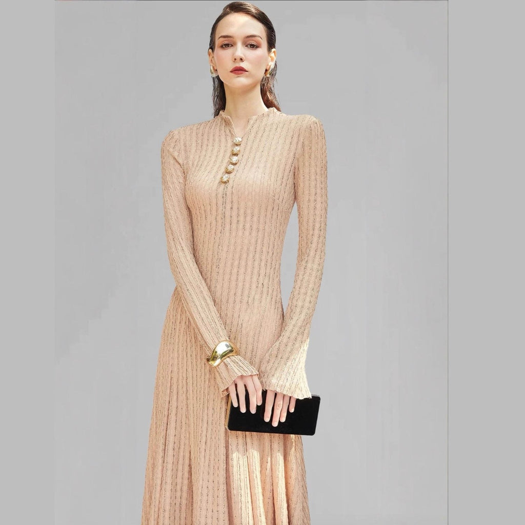 Woman wearing WJY golden evening gown