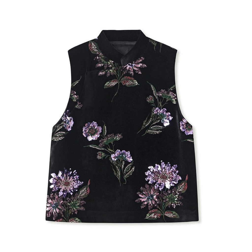 Embroidered Stylish Stitching Black Floral Vest