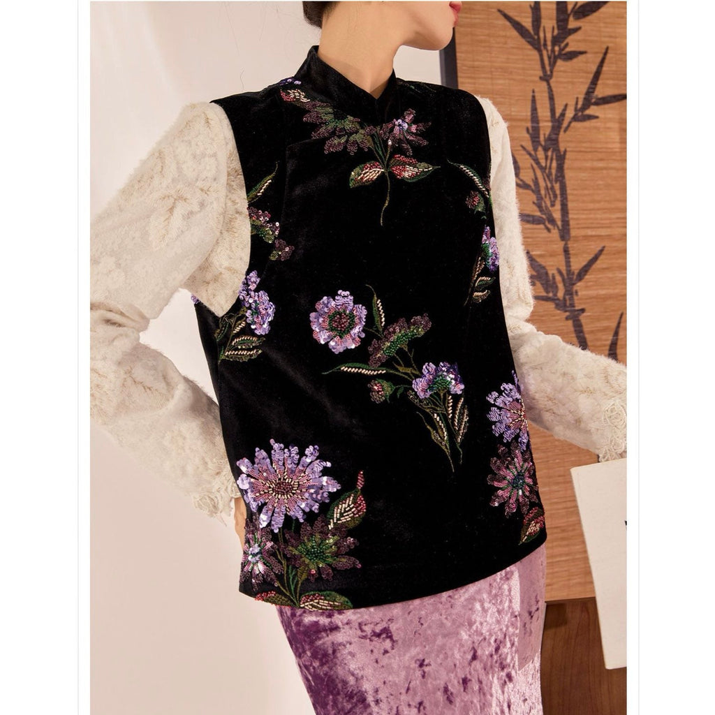 Embroidered Stylish Stitching Black Floral Vest