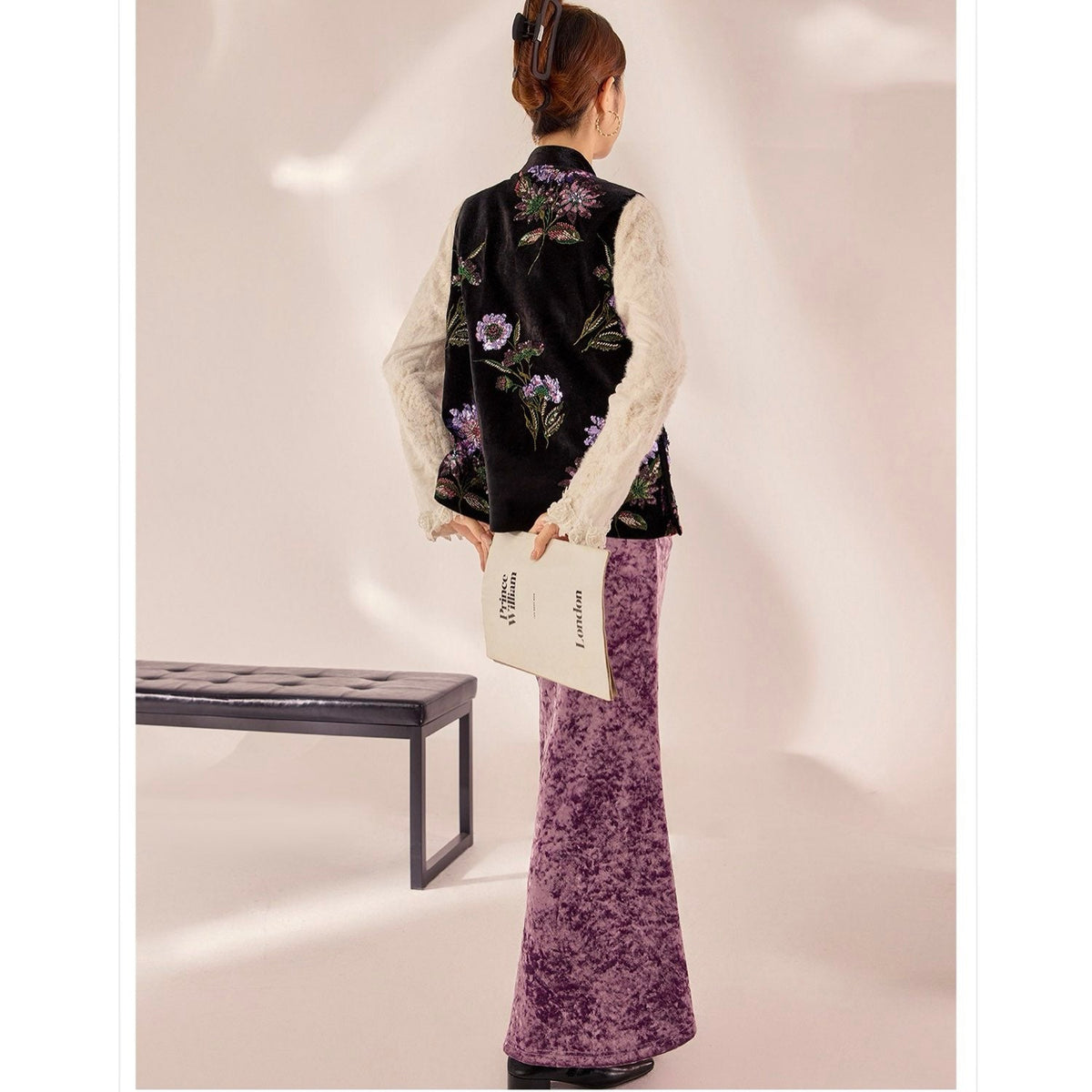 Embroidered Stylish Stitching Black Floral Vest