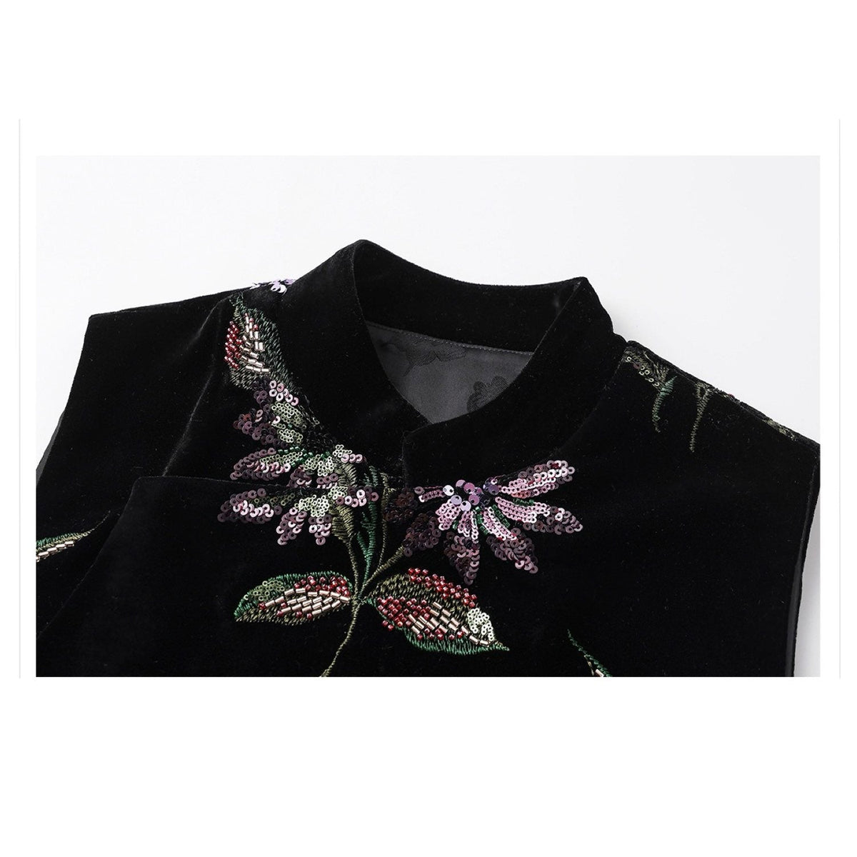 Embroidered Stylish Stitching Black Floral Vest