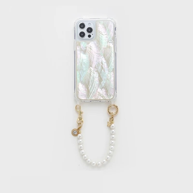 Phone case with pearl strap on a white background from London based gemstone jewellery desiner WJY studio