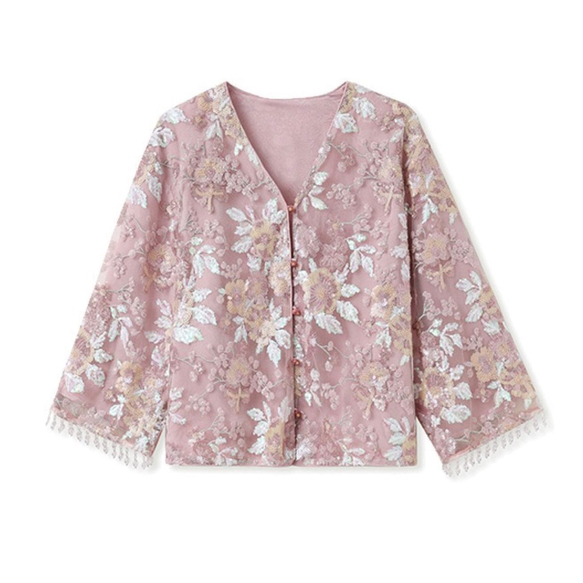 Embroidered Pink Flower Stylish Stitching Cardigan