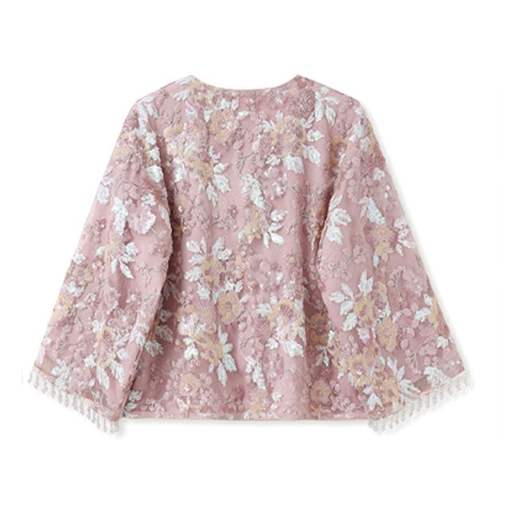 Embroidered Pink Flower Stylish Stitching Cardigan