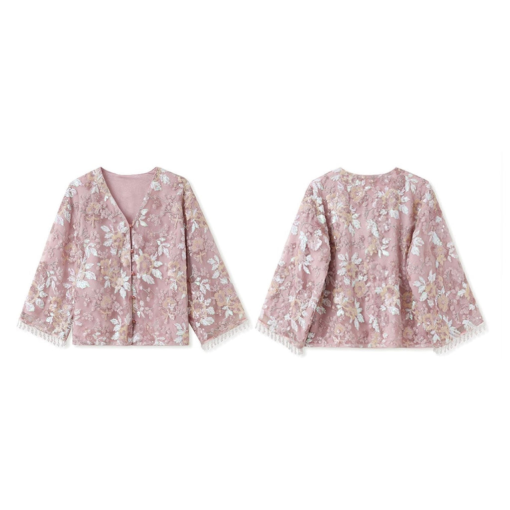 Embroidered Pink Flower Stylish Stitching Cardigan