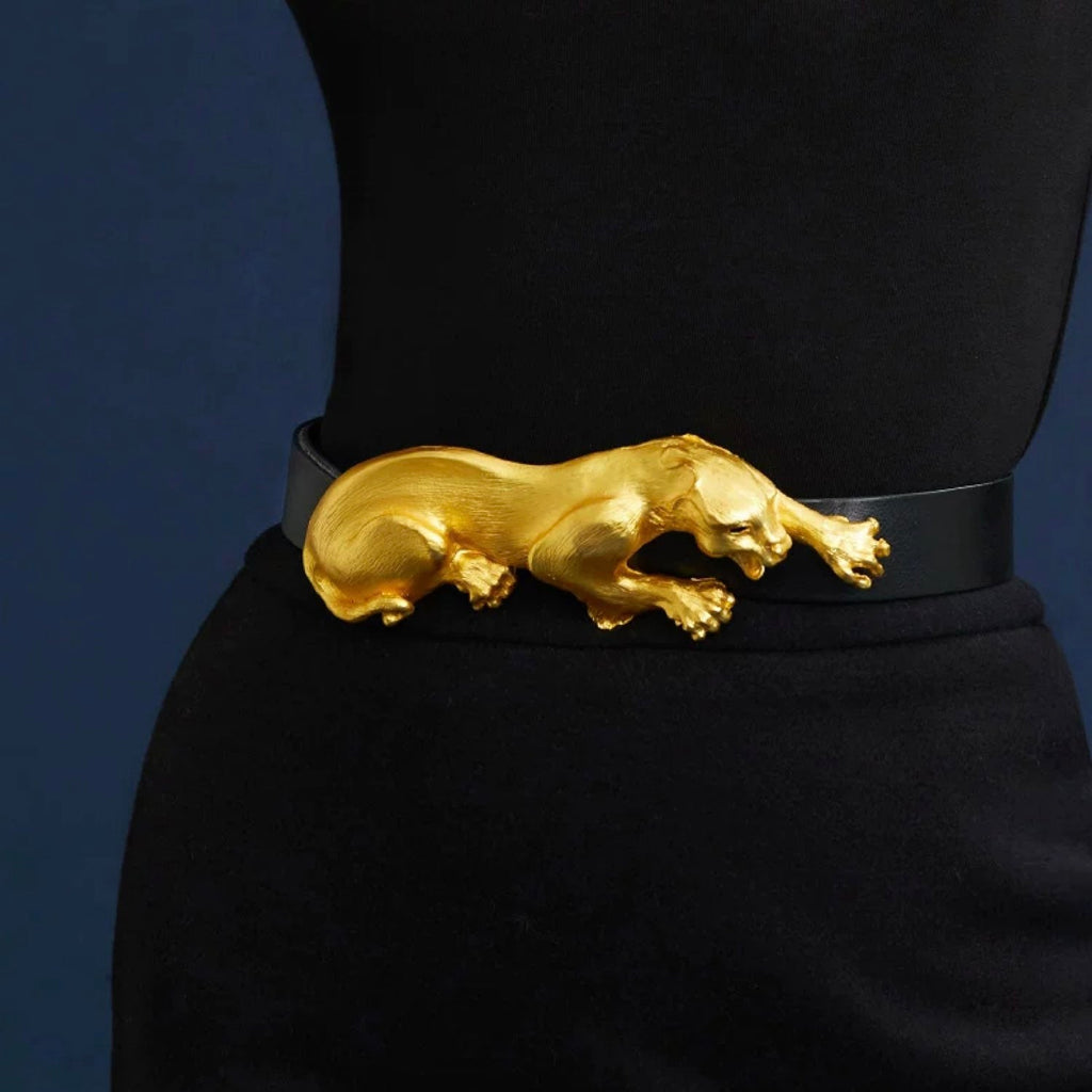 Gold panther belt buckle on a black belt WJY studio