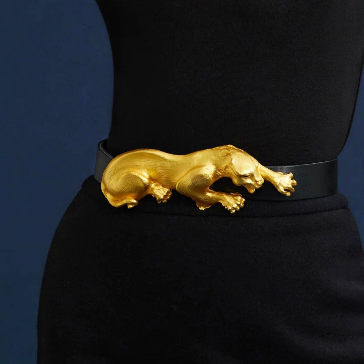 Gold panther belt buckle on a black belt WJY studio