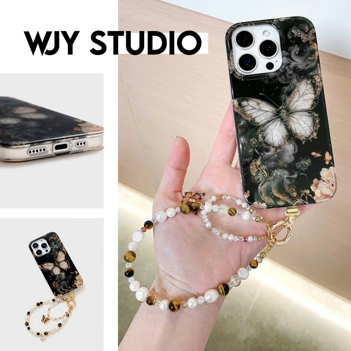 Iridescent Butterfly Phone Case with Pearl Strap