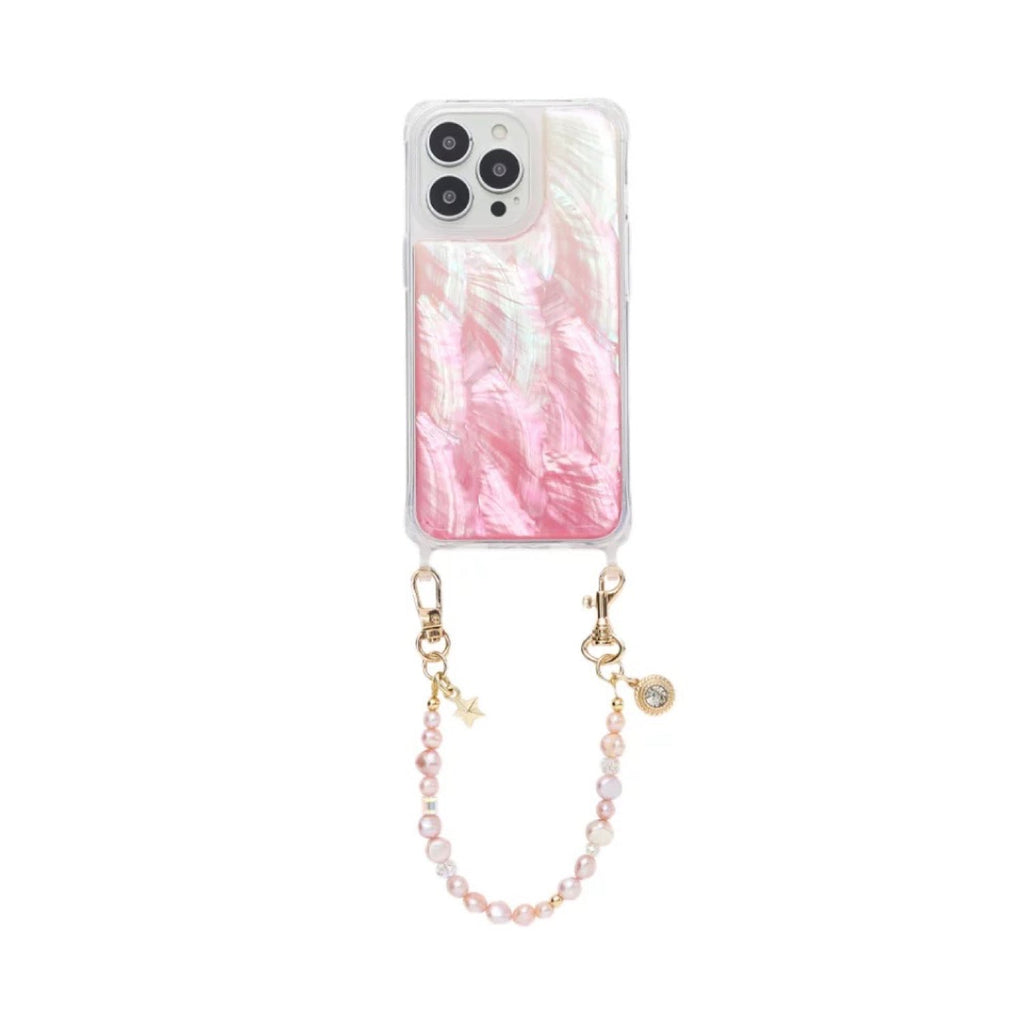 Iridescent Mother-of-Pearl Luxe Phone Case Natural Pearl Chain Pink