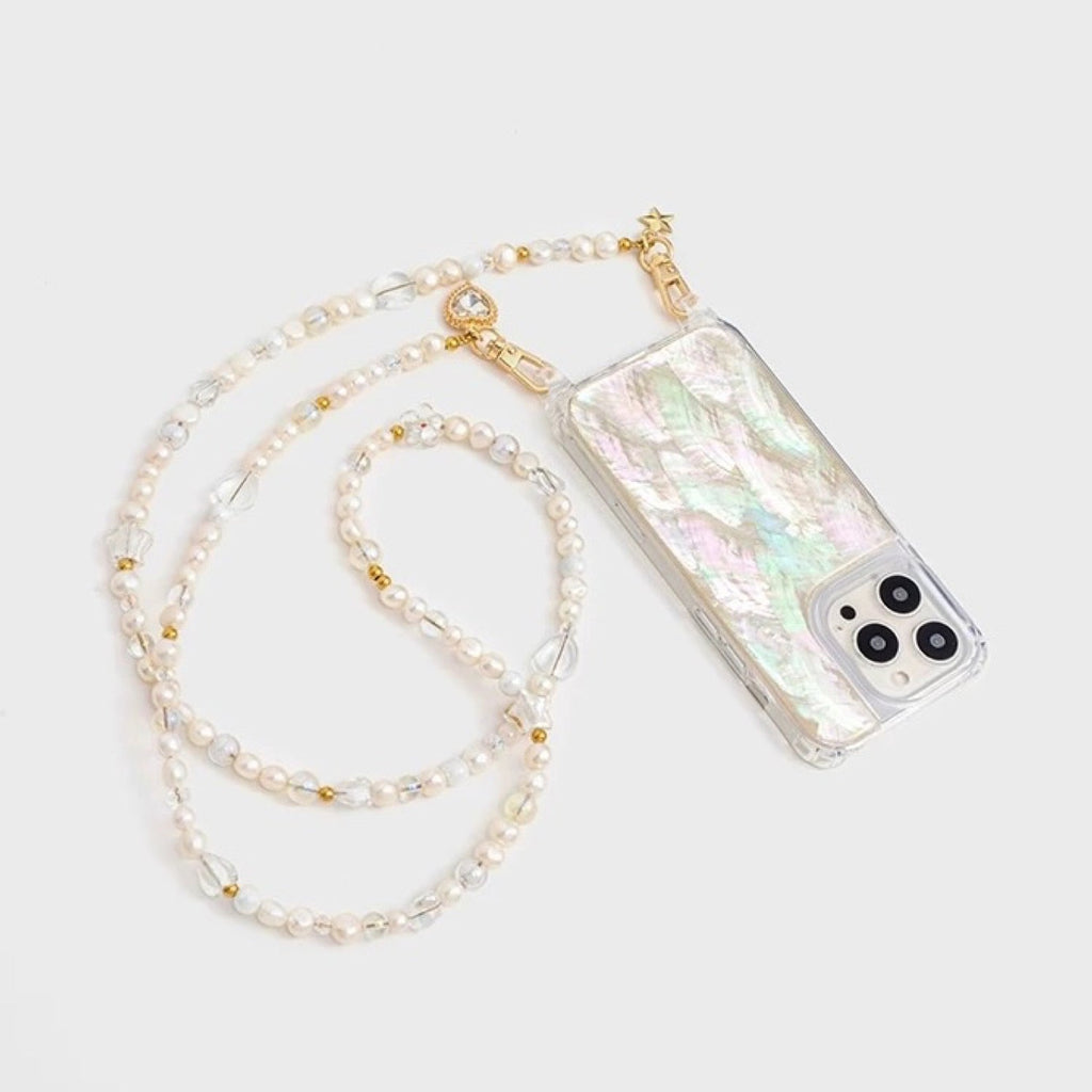 Iridescent Mother-of-Pearl Luxe Phone Case Natural White Pearl Chain